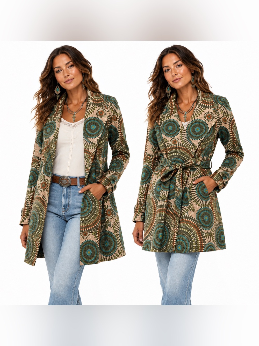 Peppe Peluso Embroidered Eyelet Belted Trench Coat Boho Medallion Long Jacket
